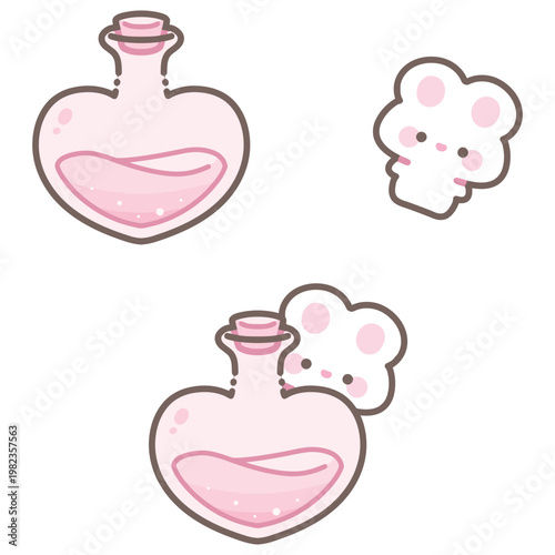 Cute Kawaii heart-shaped drifting bottle and bunny vector illustration