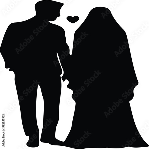 Silhouette of a couple with a man and woman standing together in a stylish and romantic pose