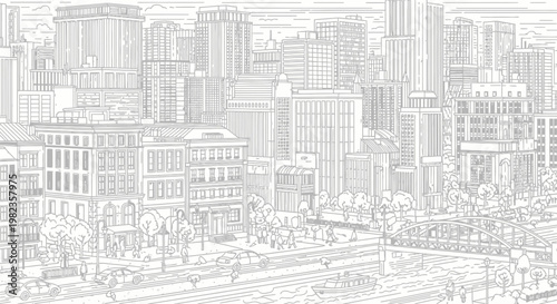 Detailed monochrome line art illustration of a generic city skyline with urban buildings, trees, and street traffic.