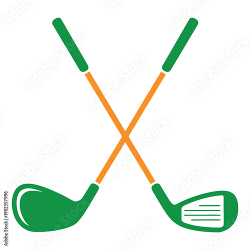 Two crossed golf clubs with orange shafts and green grips