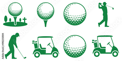 Illustrations depicting various aspects and equipment of golf