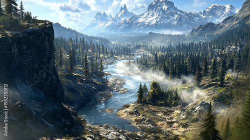 A serene mountain landscape with a river flowing through a valley surrounded by trees and snow-capped mountains under a cloudy sky with mist rising.