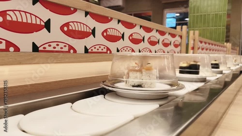 Sushi Conveyor in Japanese Restaurant, Food Service Interior Concept