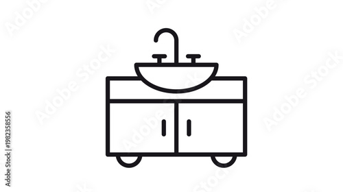 Minimalist black vector icon of a bathroom vanity with a sink basin, faucet, and cabinet doors. Clean line art illustration of a modern washbasin for interior design and home decor concepts.