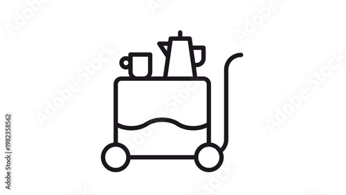 Black line vector icon of a room service trolley or tea cart with a teapot and cup on top, minimalist outline illustration for hotel service, catering, and hospitality industry concepts.