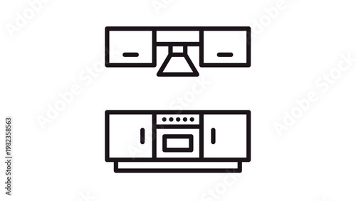 Minimalist Black Line Art Vector Icon Illustration of a Modern Kitchen Furniture Set Featuring Upper and Lower Cabinets, a Range Hood, and a Built-in Oven for Interior Design Concepts.