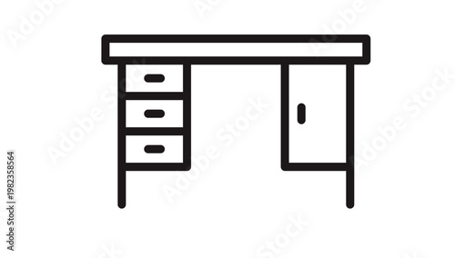 Minimalist black vector icon of an office desk with drawers and a cabinet, scalable line art illustration of a workstation furniture piece for business, interior design, and home office.