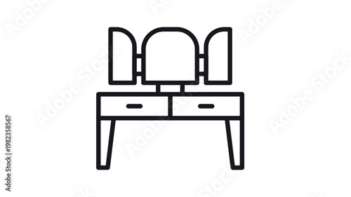 Dressing table with three-part mirror and drawers vector icon. Minimalist black line illustration of a vanity table for bedroom furniture design. Scalable graphic symbol of a makeup desk.