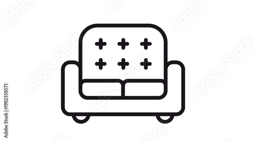 Black line art vector icon of a tufted sofa or couch with two cushions and armrests, minimalist furniture illustration for interior design, home decor, and living room lifestyle concepts.