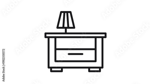 Minimalist black line vector icon of a nightstand or bedside table with a lamp on top, featuring a drawer and simple legs, isolated on a white background for interior design and furniture concepts.