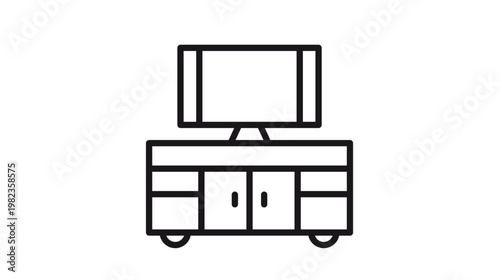 Black minimalist vector icon illustration of a television set on a modern media console or TV stand with drawers and doors, clean graphic symbol for home entertainment and living room furniture.