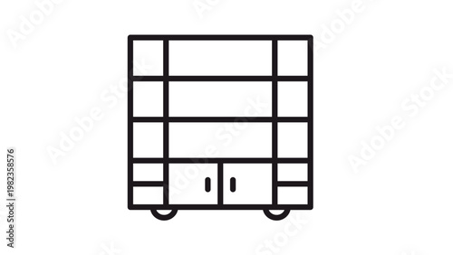Minimalist black line vector icon of a modern bookshelf or storage cabinet furniture with multiple open shelves and a double-door cupboard at the bottom, isolated on a white background.