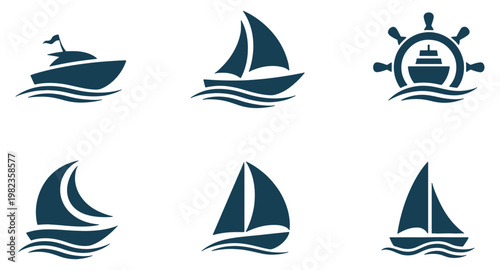 Collection of stylized maritime and nautical icons featuring various types of vessels