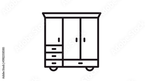 Minimalist black line vector icon of a classic wooden wardrobe closet with three doors and four drawers, furniture symbol for interior design and home organization illustration isolated on white.