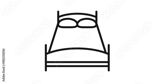 Minimalist black line vector icon illustration of a double bed with two pillows, headboard, and footboard, ideal for hotel, bedroom, furniture, sleep, and travel related graphic design.