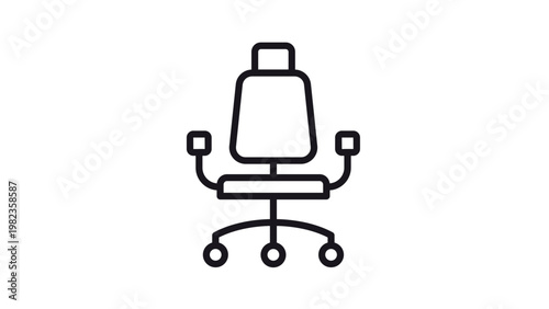Minimalist black line vector icon of an ergonomic office chair featuring a high backrest, armrests, and a swivel base with wheels, ideal for business, workplace, and interior design graphics.