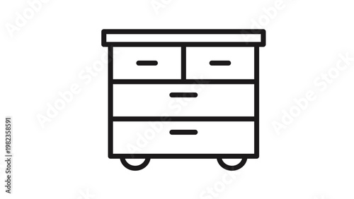 Black line vector icon of a chest of drawers or dresser furniture, featuring four storage compartments with handles and small feet, isolated on a white background for minimalist design.