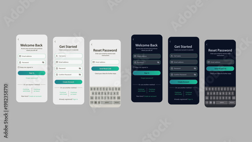 Modern mobile authentication UI kit featuring light and dark mode login, signup, and reset password screens. Clean minimal design with email and guest access options.