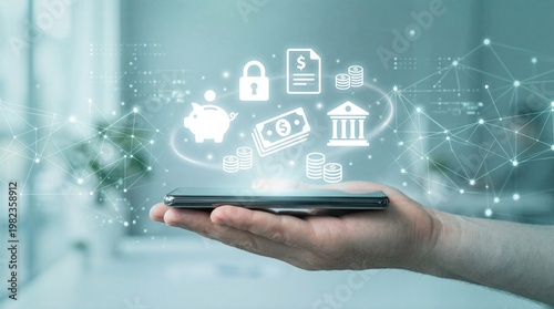 Hand holding smartphone with digital finance and blockchain hologram icons over network background