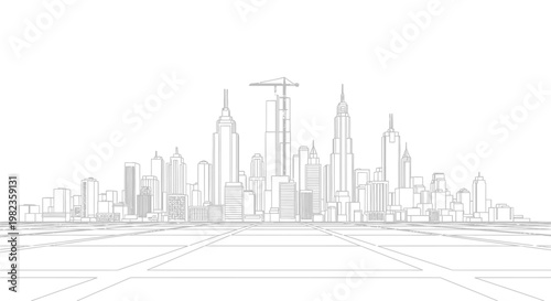 A gray city skyline with skyscrapers.