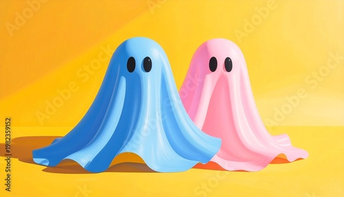 Blue and Pink Ghost Figures on Yellow Background