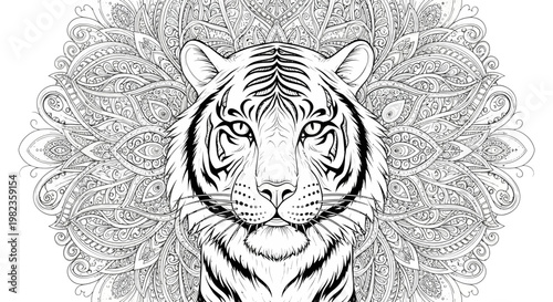 Majestic Tiger Portrait with Intricate Mandala Background. Detailed Black and White Line Art, Zen Adult Coloring Book Style