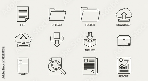 Vector outline icons for digital file management, data storage, document organization, and information processing tasks