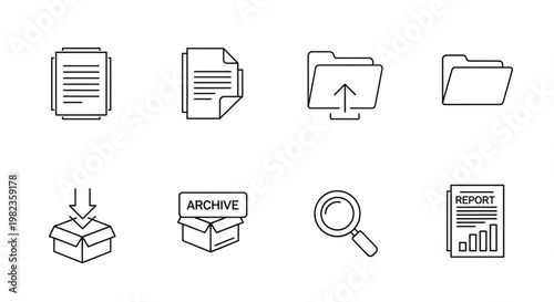 Set of flat design icons for data management and storage solutions, including document, folder, archive, and search