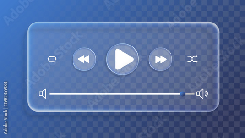 Glassmorphism Media Player UI – Liquid Glass Music and Video Control Interface with Play Buttons and Volume Slider Vector