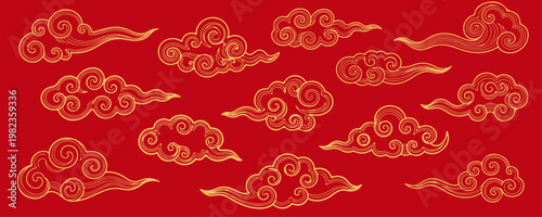 Chinese cloud vector elements. Linear clip art oriental Japanese, Thai, Tibetan, Korean style cloud motifs, oriental ornament set. Lunar New Year vector design gold decorative symbol 

