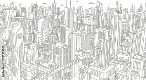 Detailed futuristic city architecture outline drawing. Modern urban landscape with high-rise buildings, advanced technology, and sci-fi concept.