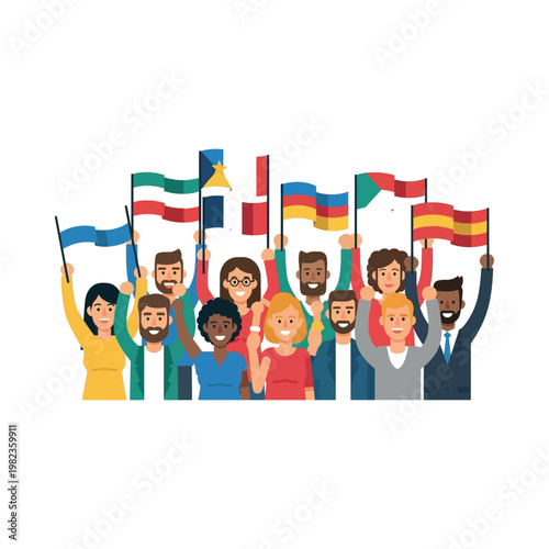 Diverse group of people holding flags from around the world in celebration