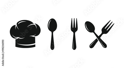 Culinary icons including a chef s hat and silverware a silhouette