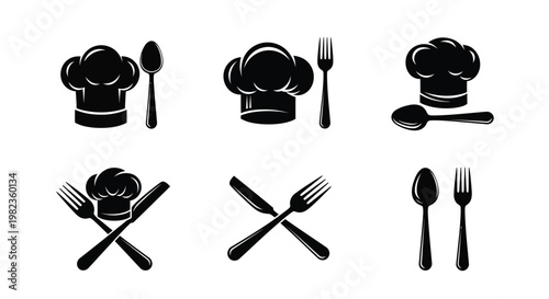 Culinary icons including chef hats utensils and cutlery a bold silhouette