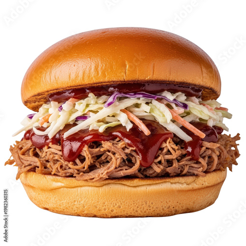 Pulled pork sandwich, served on toasted bun with BBQ sauce and coleslaw, isolated on transparent background png. Traditional american fast food dish. Slow-cooking meat, menu and recipes