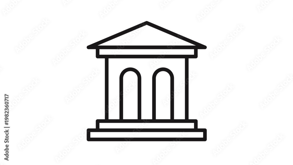 Obraz premium Classical building line vector icon featuring a triangular pediment and arched entrances, representing a bank, museum, or courthouse. Minimalist architectural symbol for finance and law.