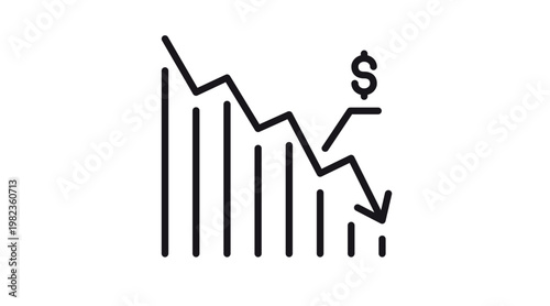 Minimalist black vector icon illustration of a downward trending financial line graph and bar chart with a dollar sign, symbolizing economic recession, stock market crash, or business loss.