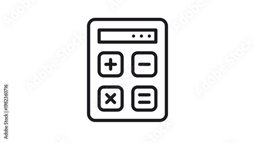 Simple black line art calculator vector icon illustration featuring a display screen and four basic arithmetic operation buttons for addition subtraction multiplication and equality.