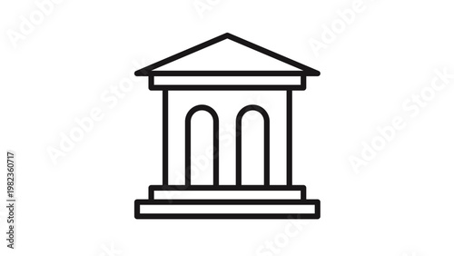 Classical building line vector icon featuring a triangular pediment and arched entrances, representing a bank, museum, or courthouse. Minimalist architectural symbol for finance and law.