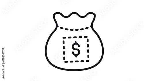 Money bag vector icon illustration with dollar sign symbol, representing finance, wealth, savings, banking, and investment, minimalist black line art isolated on white background.
