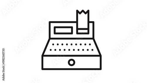 Black line vector icon of a cash register with a receipt, symbolizing retail, commerce, and business transactions. Minimalist graphic illustration for web design, mobile apps, and business use.