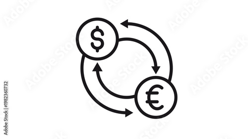 Black line art vector icon illustration of a currency exchange symbol with dollar and euro signs connected by circular arrows, representing money conversion, forex trading, and global finance.