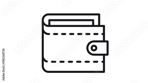 Minimalist black line art vector icon illustration of a leather wallet with a button clasp and stitching details, representing finance, money, savings, payment, and personal banking.