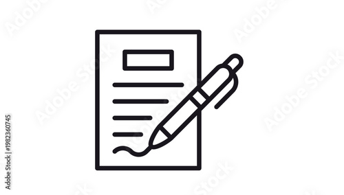 Photos Minimalist black outline vector icon of a paper document and a pen signing a signature, symbolizing a contract agreement, legal form, business deal, application, or official paperwork