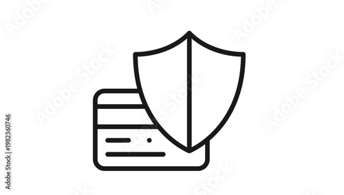 Secure credit card payment vector icon with shield for financial protection, online banking security, fraud prevention, and safe digital transactions, minimalist black line illustration.