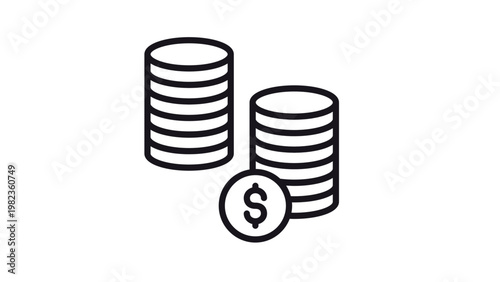 Minimalist black line vector icon illustration of two stacks of coins with a dollar sign symbol in front, representing money, finance, savings, investment, banking, and wealth accumulation.