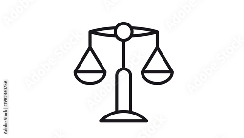 Black line art vector icon of a balance scale of justice, symbolizing law, legal system, equality, and fairness. Minimalist outline illustration for legal services, court, and judicial concepts.