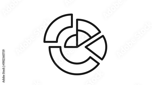Black line vector icon illustration of a sunburst chart or multi-level pie graph symbol, representing data visualization, analytics, statistics, and hierarchical information distribution.