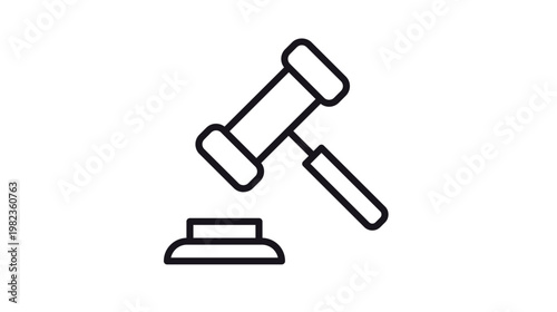 Minimalist black line art vector icon of a judge's gavel and sound block, symbolizing law, justice, legal authority, and auction bidding. Clean scalable illustration for court and legal design.