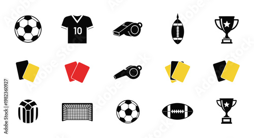 Black and white sports icons depicting soccer football and refereeing silhouette